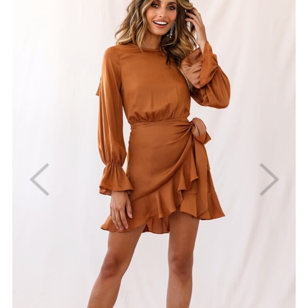 Dark long sleeve satin dress-tan